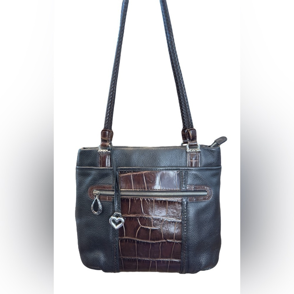 Brighton | Black Pebbled Leather & Brown Crocodile Embossed Leather Shoulder Bag